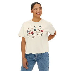 T-shirt - Flowers Boxy Tee Slightly Cropped Stylish Butterfly Print - Dipaliz