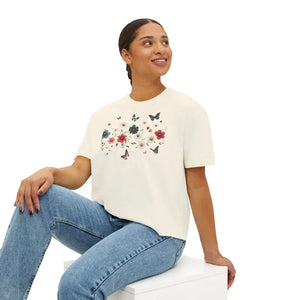 T-shirt - Flowers Boxy Tee Slightly Cropped Stylish Butterfly Print - Dipaliz
