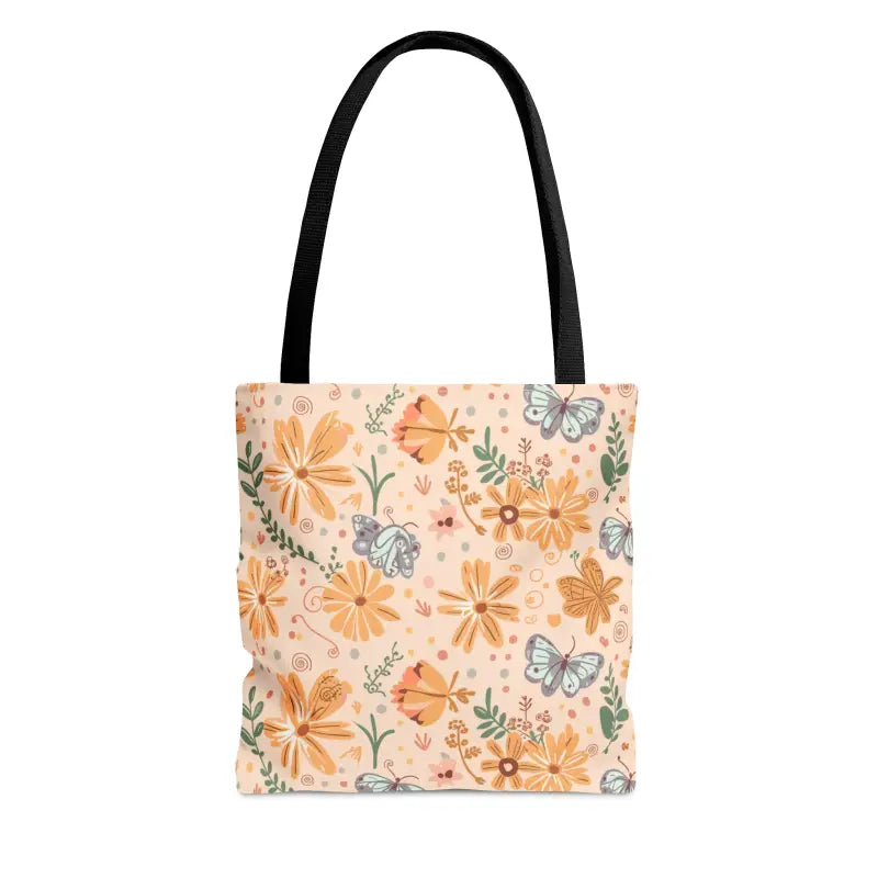 Vibrant Orange Butterfly Floral Tote with Black Cotton Handles - Bags