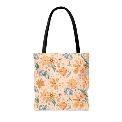 Vibrant Orange Butterfly Floral Tote with Black Cotton Handles - Bags