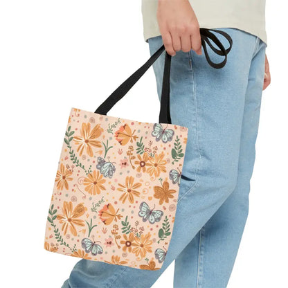 Vibrant Orange Butterfly Floral Tote with Black Cotton Handles - Bags