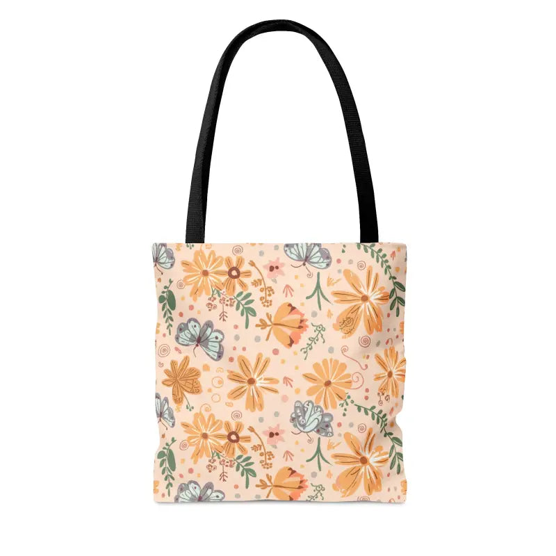 Vibrant Orange Butterfly Floral Tote with Black Cotton Handles - Bags