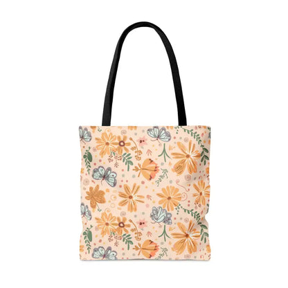 Vibrant Orange Butterfly Floral Tote with Black Cotton Handles - Bags