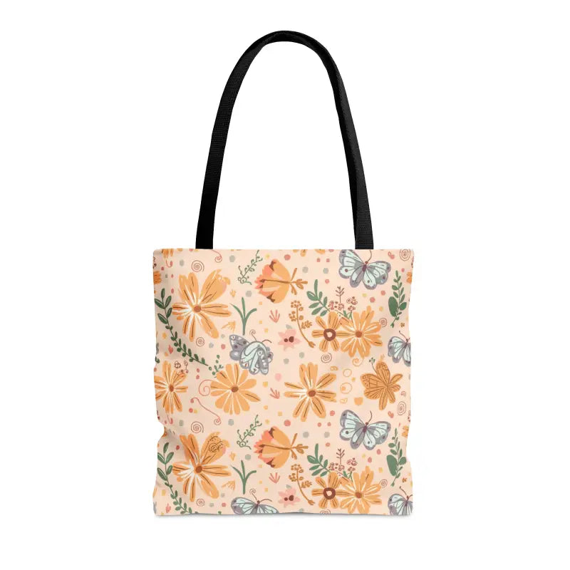 Vibrant Orange Butterfly Floral Tote with Black Cotton Handles - Bags