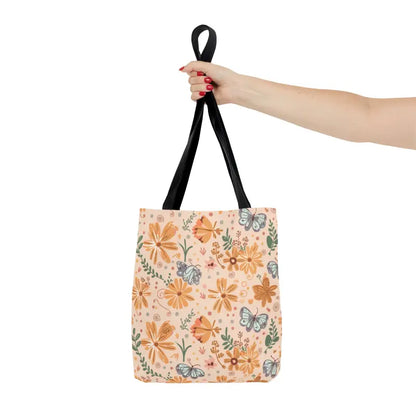 Vibrant Orange Butterfly Floral Tote with Black Cotton Handles - Small Bags