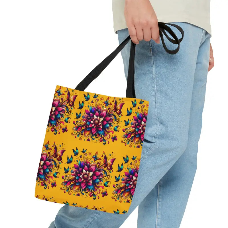 Buzzy Blossoms Yellow Tote: Flaunt Large Vibrant Flowers - Small Bags