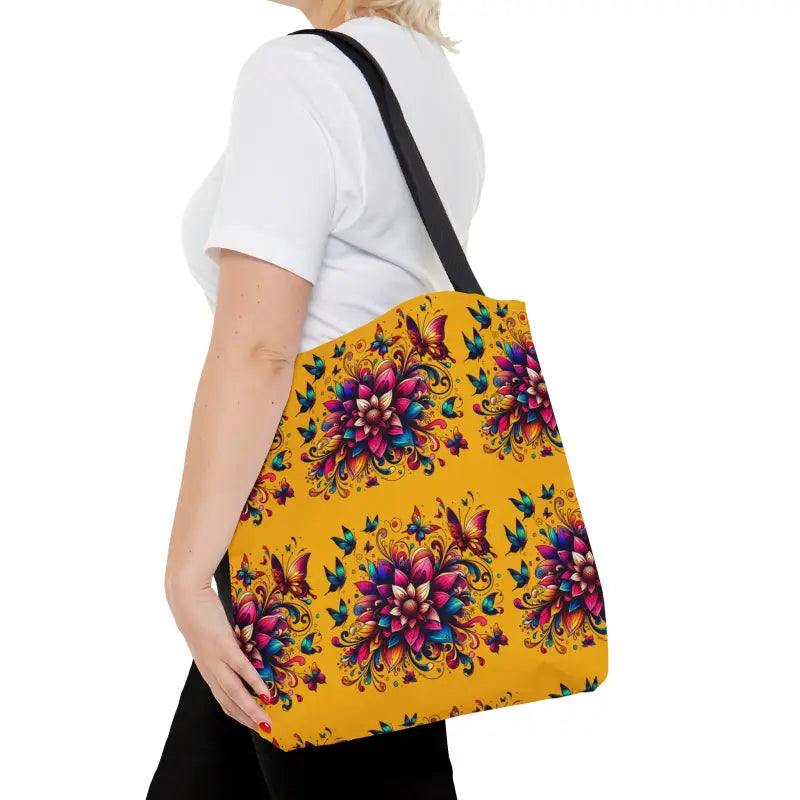 Buzzy Blossoms Tote: Vibrant Flower Design with Black Cotton Handles - Medium Bags