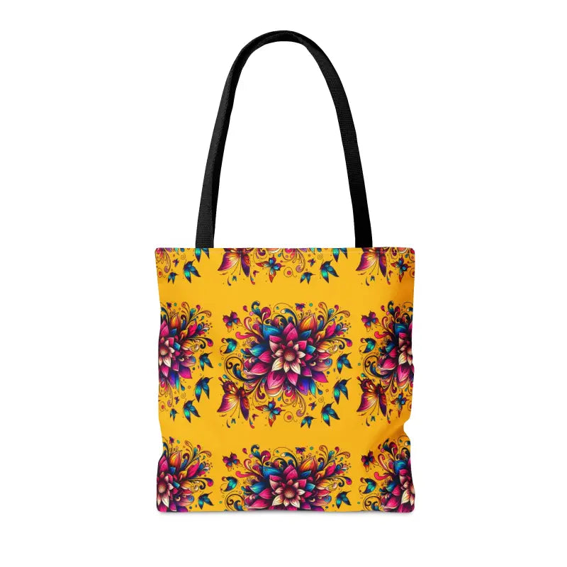 Buzzy Blossoms Tote: Vibrant Flower Design with Black Cotton Handles - Bags