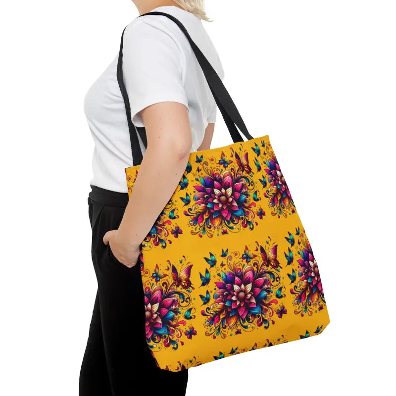 Buzzy Blossoms Tote: Vibrant Flower Design with Black Cotton Handles - Large Bags