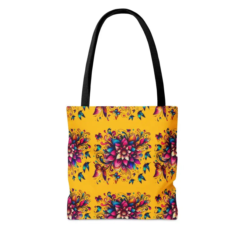 Buzzy Blossoms Tote: Vibrant Flower Design with Black Cotton Handles - Bags