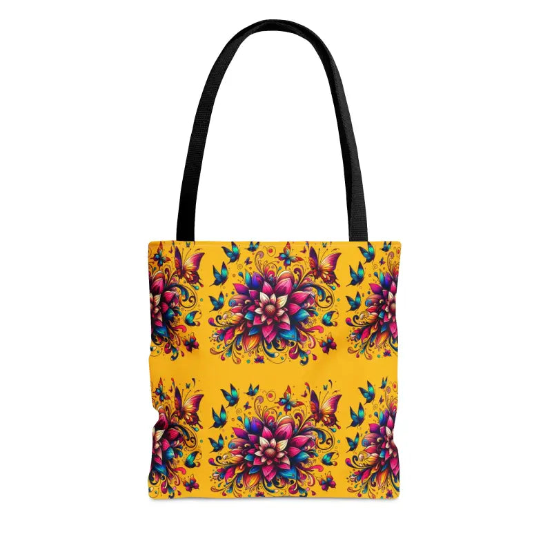 Buzzy Blossoms Tote: Vibrant Flower Design with Black Cotton Handles - Bags