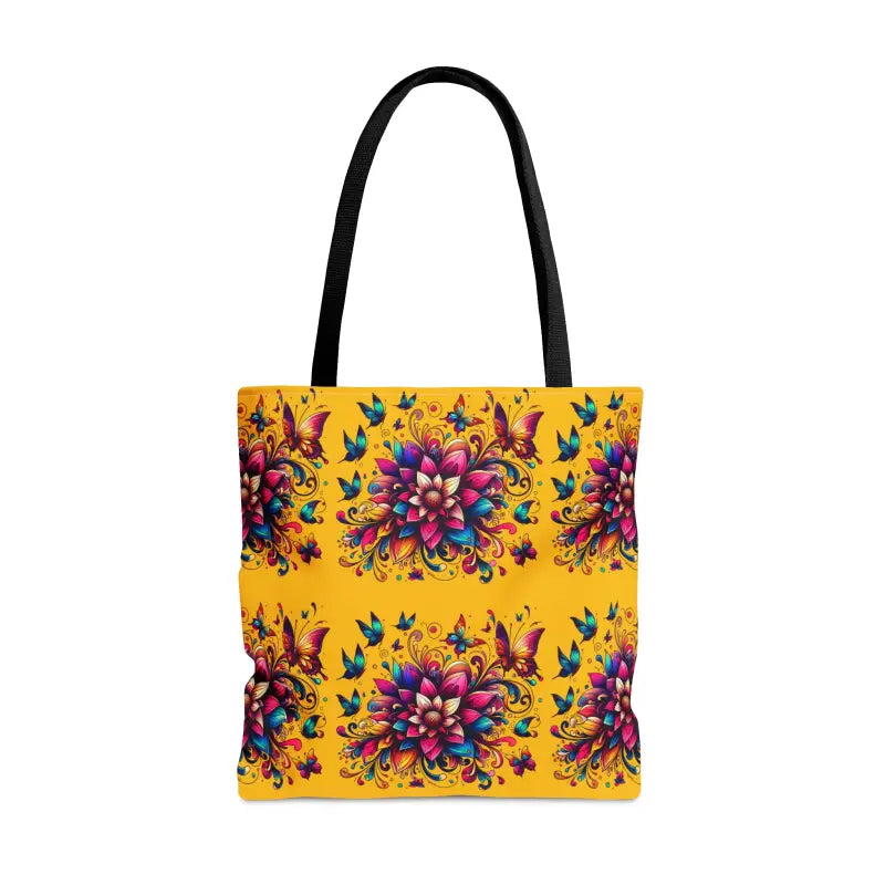 Buzzy Blossoms Tote: Vibrant Flower Design with Black Cotton Handles - Bags