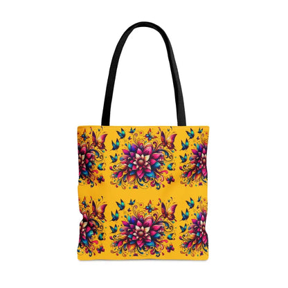 Buzzy Blossoms Tote: Vibrant Flower Design with Black Cotton Handles - Bags