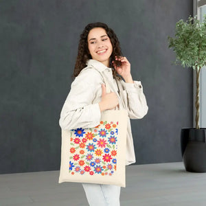 Bags - Bright Retro Floral Canvas Tote - Sturdy Cotton Build - Dipaliz Natural / 15’’ x 16’’