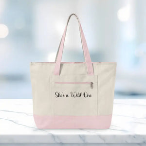 Bags - Canvas Tote Bag Wave Graphic Zippered Beach Dipaliz 18’’ x 14’’ 4.5’’ / Natural/light Pink