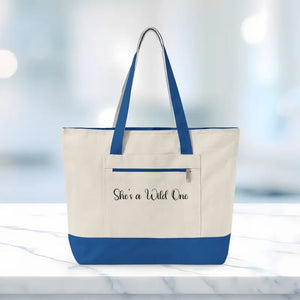 Bags - Canvas Tote Bag Wave Graphic Zippered Beach Dipaliz 18’’ x 14’’ 4.5’’ / Natural/royal