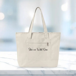 Bags - Canvas Tote Bag Wave Graphic Zippered Beach Dipaliz 18’’ x 14’’ 4.5’’ / Natural