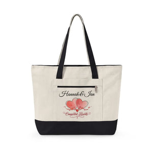 Personalized Connected Hearts Canvas Tote - Zippered - Dipaliz - 18’’ x 14’’ 4.5’’ / Natural/black - Bags