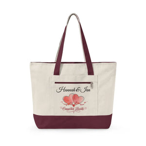 Personalized Connected Hearts Canvas Tote - Zippered - Dipaliz - 18’’ x 14’’ 4.5’’ / Natural/maroon - Bags