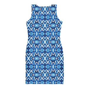 Bodycon Dress Capri Blue Ikat Pattern Recycled Fabric Dipaliz - Dresses