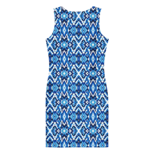 Bodycon Dress Capri Blue Ikat Pattern Recycled Fabric Dipaliz - Dresses