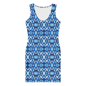 Bodycon Dress Capri Blue Ikat Pattern Recycled Fabric Dipaliz - Dresses