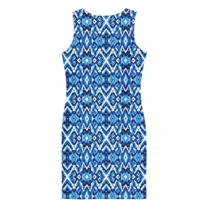 Capri Blue Ikat Bodycon Recycled Polyester Dress - Dipaliz - Dresses - s