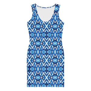 Capri Blue Ikat Bodycon Recycled Polyester Dress - Dipaliz - Dresses - s