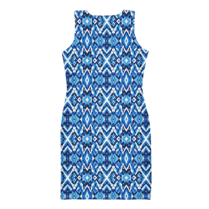 Capri Blue Ikat Bodycon Recycled Polyester Dress - Dipaliz - Dresses - s