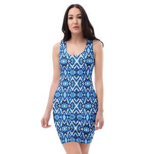 Bodycon Dress Capri Blue Ikat Pattern Recycled Fabric Dipaliz - Xs - Dresses