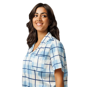 Capri Blue Madras Short Sleeve Pajama Top Silky Lounge Style Dipaliz - Pajamas