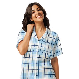 Capri Blue Madras Short Sleeve Pajama Top Silky Lounge Style Dipaliz - Pajamas