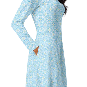 Capri Blue Medallion Print Long Sleeve Midi Dress - Dipaliz - Dresses