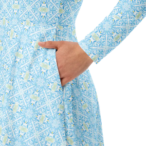 Capri Blue Medallion Print Long Sleeve Midi Dress - Dipaliz - Dresses