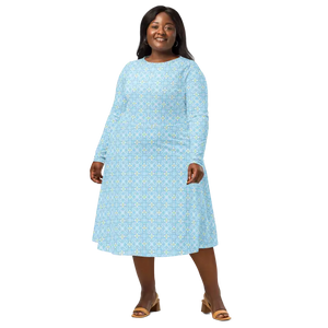 Capri Blue Medallion Print Long Sleeve Midi Dress - Dipaliz - Dresses