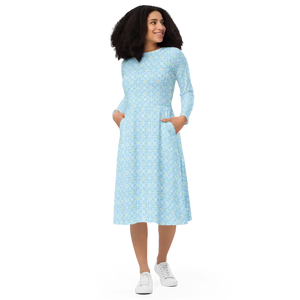 Capri Blue Medallion Print Long Sleeve Midi Dress - Dipaliz - Dresses
