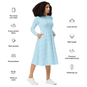 Capri Blue Medallion Print Long Sleeve Midi Dress - Dipaliz - Dresses