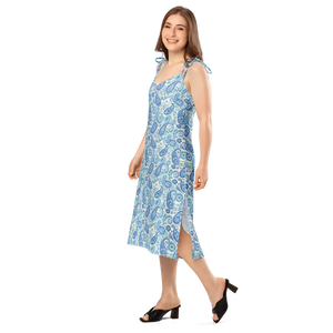 Capri Blue Paisley Midi Dress Flirty Tie Strap Style Dipaliz - Dresses