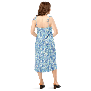 Capri Blue Paisley Midi Dress Flirty Tie Strap Style Dipaliz - Dresses