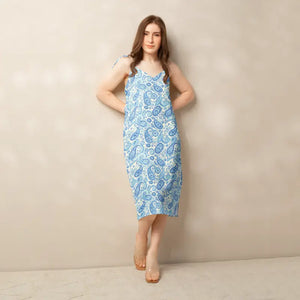 Capri Blue Paisley Midi Dress Flirty Tie Strap Style Dipaliz - Dresses