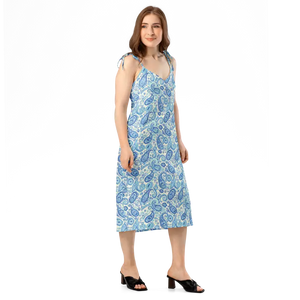 Capri Blue Paisley Midi Dress Flirty Tie Strap Style Dipaliz - Dresses