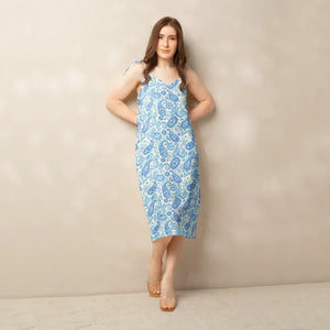 Capri Blue Paisley Midi Dress – Tie Straps - Dipaliz - Dresses - s