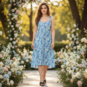 Capri Blue Paisley Midi Dress – Tie Straps - Dipaliz - Dresses - s