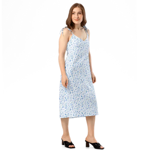 Capri Blue Small Floral Midi Dress Breezy Tie-strap Style Dipaliz - Dresses