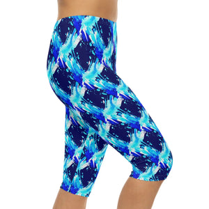 Capri Leggings, Blue Watercolor Brushstroke Print - s