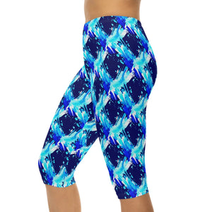 Capri Leggings, Blue Watercolor Brushstroke Print - s