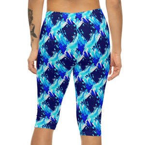 Capri Leggings, Blue Watercolor Brushstroke Print - s