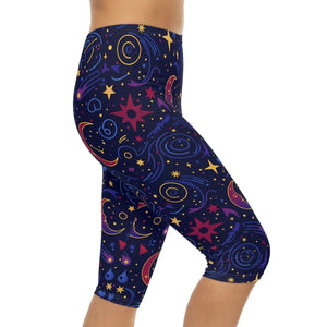 Cosmic Moon Capri Leggings - Stars Pattern Activewear - Dipaliz