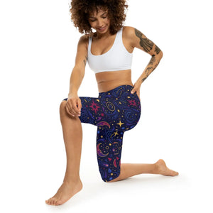 Cosmic Moon Capri Leggings - Stars Pattern Activewear - Dipaliz