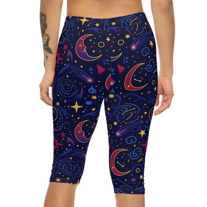 Cosmic Moon Capri Leggings - Stars Pattern Activewear - Dipaliz